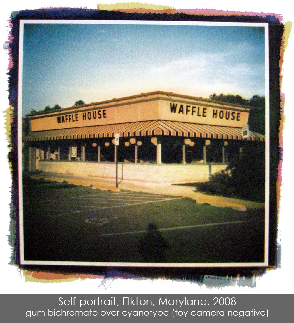 Gum bichromate over cyanotype print of a Waffle House in Elkton, Maryland, 2009.